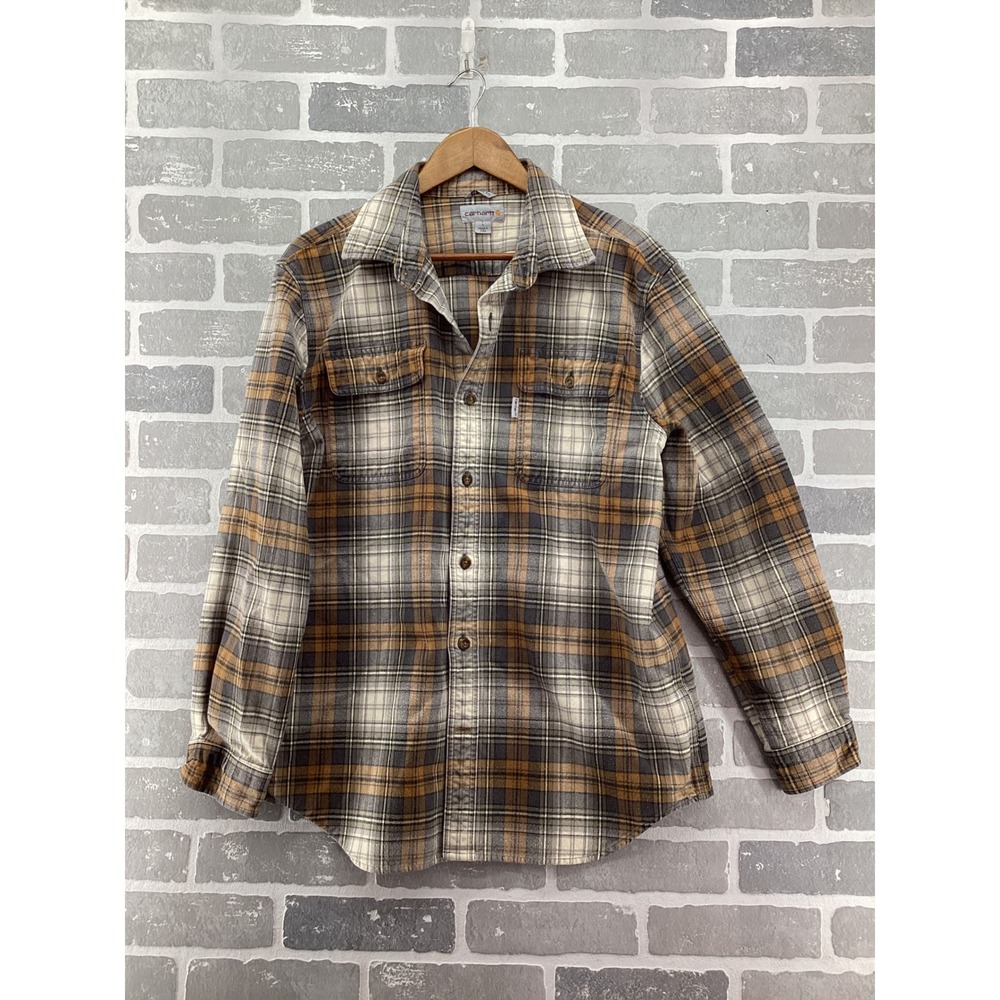 Carhartt Mens Plaid Flannel Shirt Large Original Fit Brown Tan Button Down L